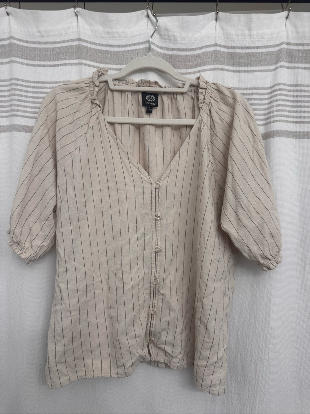 bobeau Beige Striped V-Neck Button Front Blouse